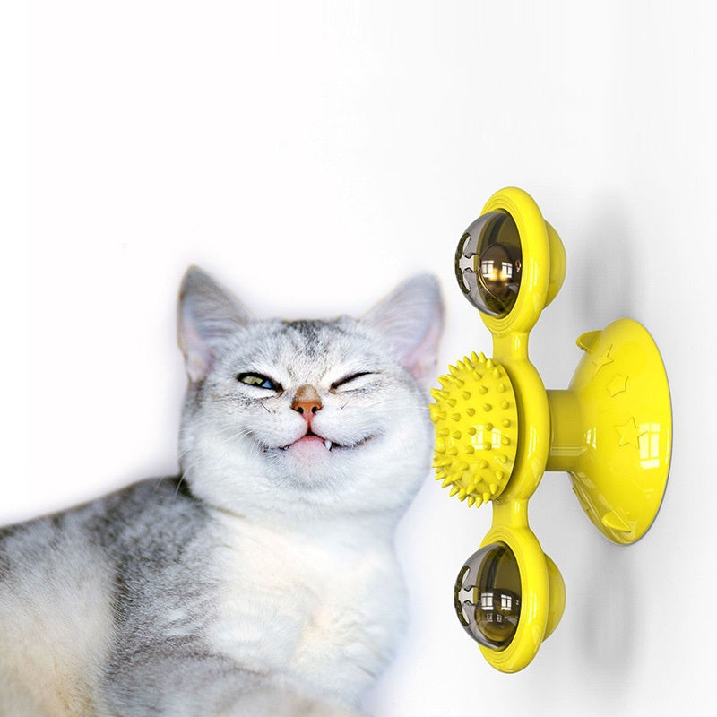 Cat Turntable Toy, Multifunction Catnip Rotating Windmill Toys with Strong Suction Cup, Interactive Play Self Groomer Massage Toy