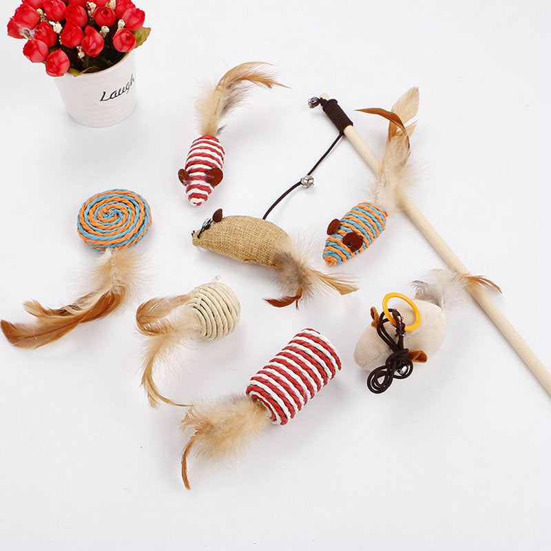 Cat Natural Sisal Wand Teasers and Exerciser for Kitten with Mouse Bell Feather etc. Cat Toy Collection in a Box
