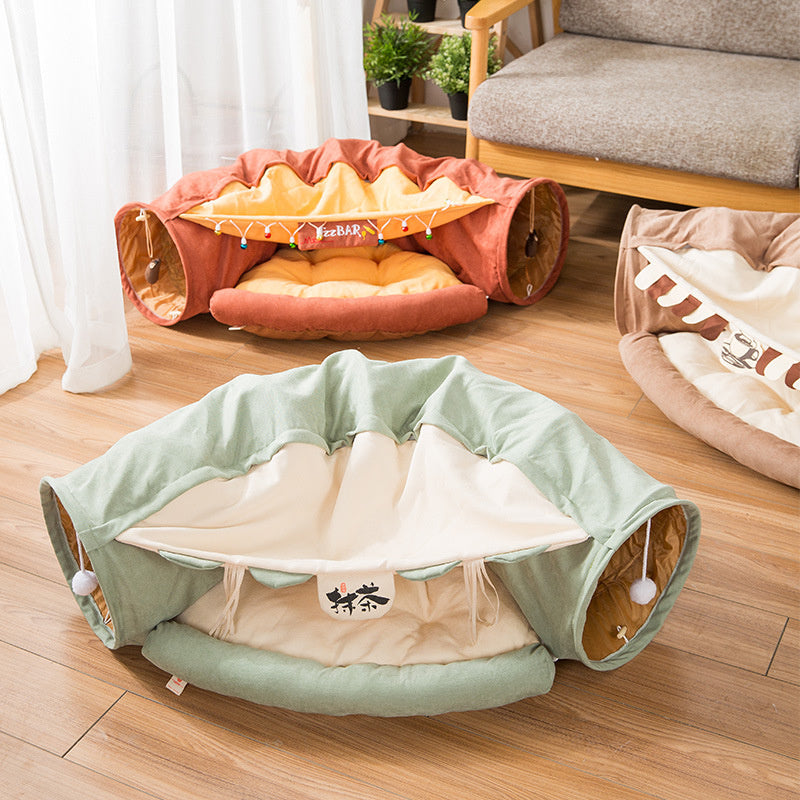 Cat Tunnel Toy Bed with Cushion Mat with Pop up Collapsible 2 Way Tube and Scratching Ball Interactive Toy Peak Hole Hideout House for Cat Puppy Kitten