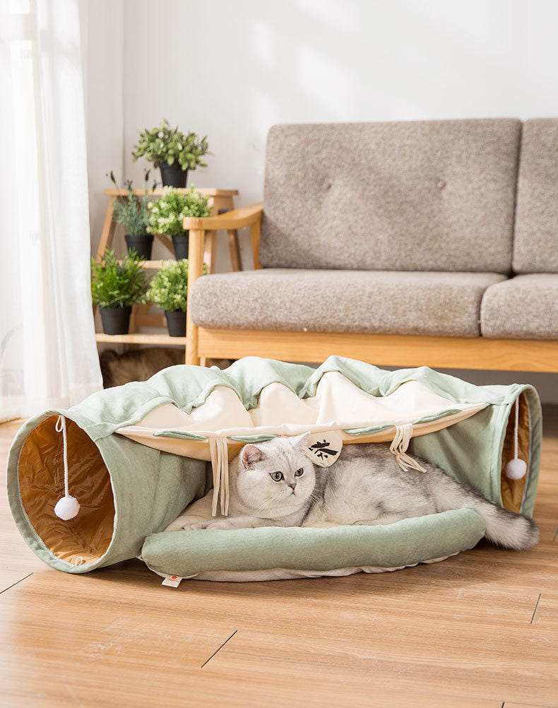 Cat Tunnel Toy Bed with Cushion Mat with Pop up Collapsible 2 Way Tube and Scratching Ball Interactive Toy Peak Hole Hideout House for Cat Puppy Kitten