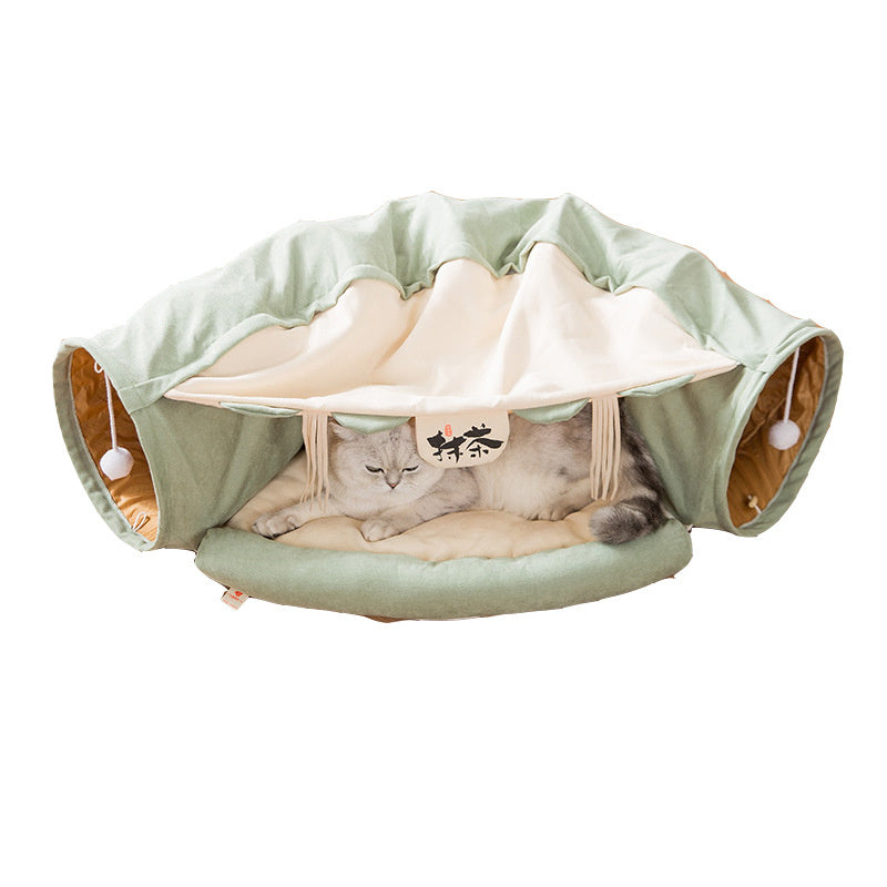 Cat Tunnel Toy Bed with Cushion Mat with Pop up Collapsible 2 Way Tube and Scratching Ball Interactive Toy Peak Hole Hideout House for Cat Puppy Kitten