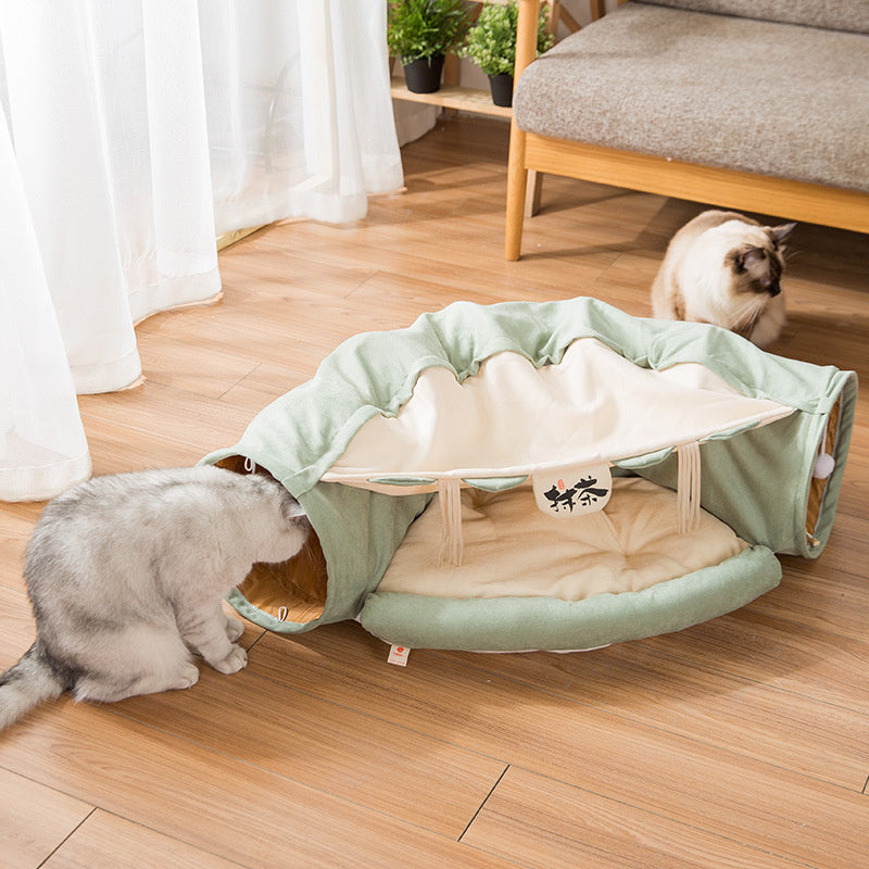 Cat Tunnel Toy Bed with Cushion Mat with Pop up Collapsible 2 Way Tube and Scratching Ball Interactive Toy Peak Hole Hideout House for Cat Puppy Kitten