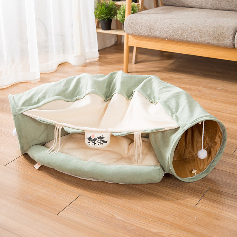 Cat Tunnel Toy Bed with Cushion Mat with Pop up Collapsible 2 Way Tube and Scratching Ball Interactive Toy Peak Hole Hideout House for Cat Puppy Kitten