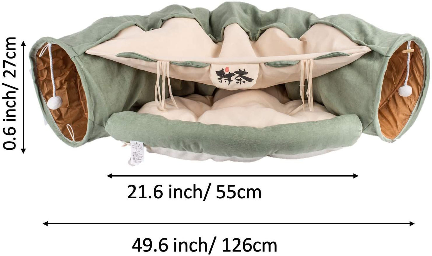 Cat Tunnel Toy Bed with Cushion Mat with Pop up Collapsible 2 Way Tube and Scratching Ball Interactive Toy Peak Hole Hideout House for Cat Puppy Kitten