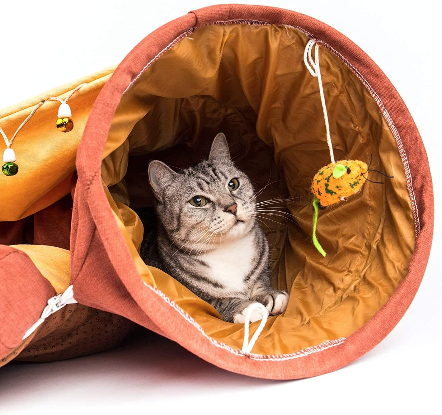 Cat Tunnel Toy Bed with Cushion Mat with Pop up Collapsible 2 Way Tube and Scratching Ball Interactive Toy Peak Hole Hideout House for Cat Puppy Kitten