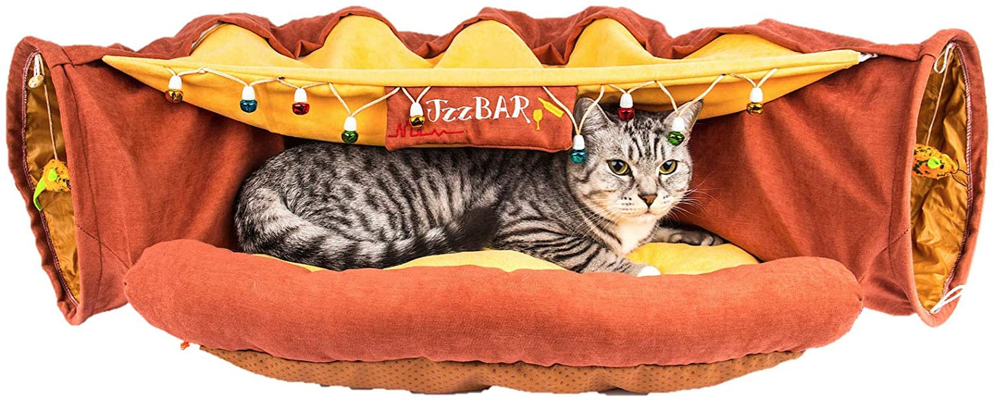 Cat Tunnel Toy Bed with Cushion Mat with Pop up Collapsible 2 Way Tube and Scratching Ball Interactive Toy Peak Hole Hideout House for Cat Puppy Kitten