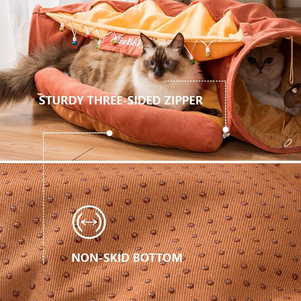 Cat Tunnel Toy Bed with Cushion Mat with Pop up Collapsible 2 Way Tube and Scratching Ball Interactive Toy Peak Hole Hideout House for Cat Puppy Kitten