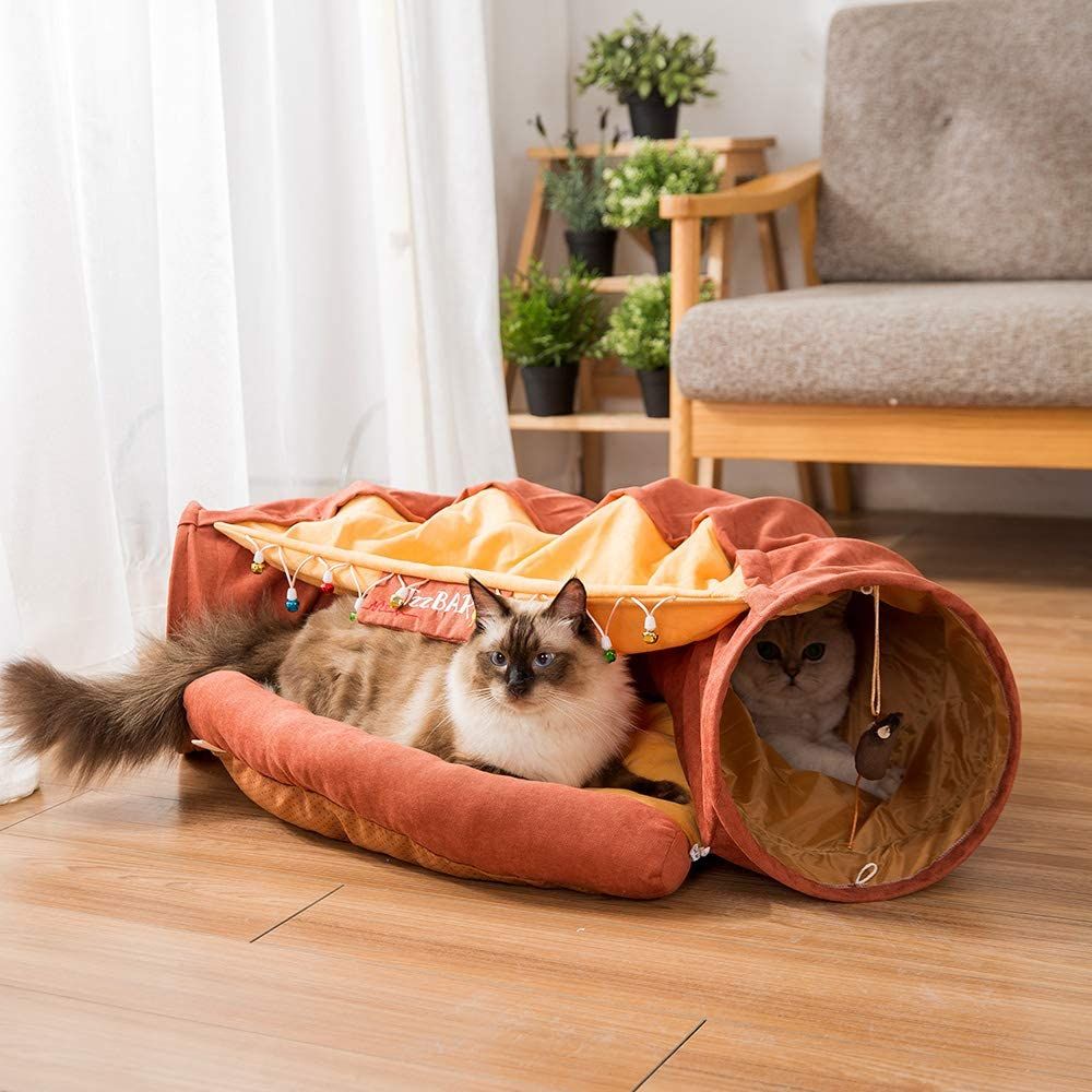 Cat Tunnel Toy Bed with Cushion Mat with Pop up Collapsible 2 Way Tube and Scratching Ball Interactive Toy Peak Hole Hideout House for Cat Puppy Kitten