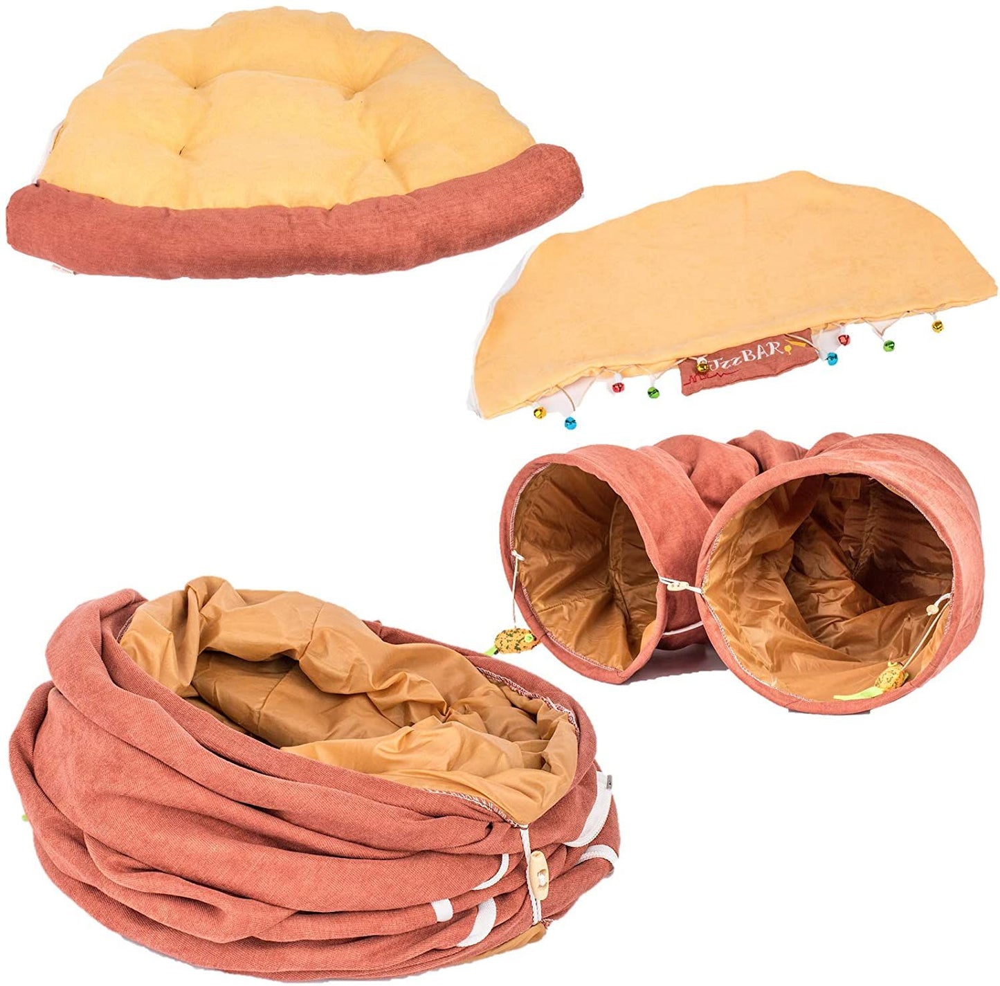 Cat Tunnel Toy Bed with Cushion Mat with Pop up Collapsible 2 Way Tube and Scratching Ball Interactive Toy Peak Hole Hideout House for Cat Puppy Kitten