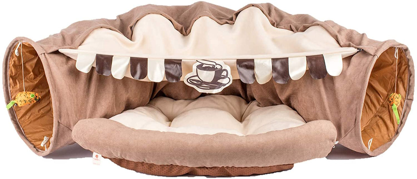 Cat Tunnel Toy Bed with Cushion Mat with Pop up Collapsible 2 Way Tube and Scratching Ball Interactive Toy Peak Hole Hideout House for Cat Puppy Kitten