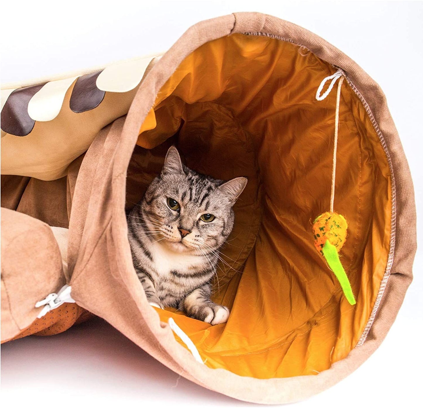 Cat Tunnel Toy Bed with Cushion Mat with Pop up Collapsible 2 Way Tube and Scratching Ball Interactive Toy Peak Hole Hideout House for Cat Puppy Kitten