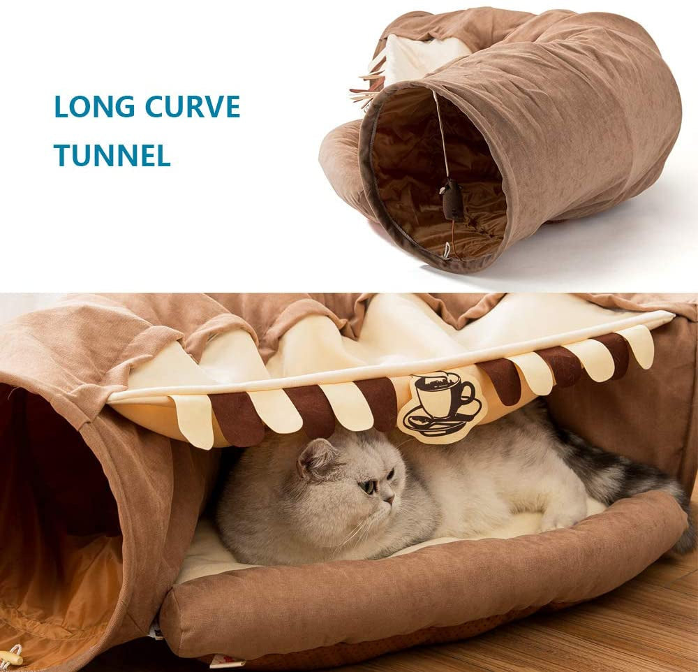Cat Tunnel Toy Bed with Cushion Mat with Pop up Collapsible 2 Way Tube and Scratching Ball Interactive Toy Peak Hole Hideout House for Cat Puppy Kitten