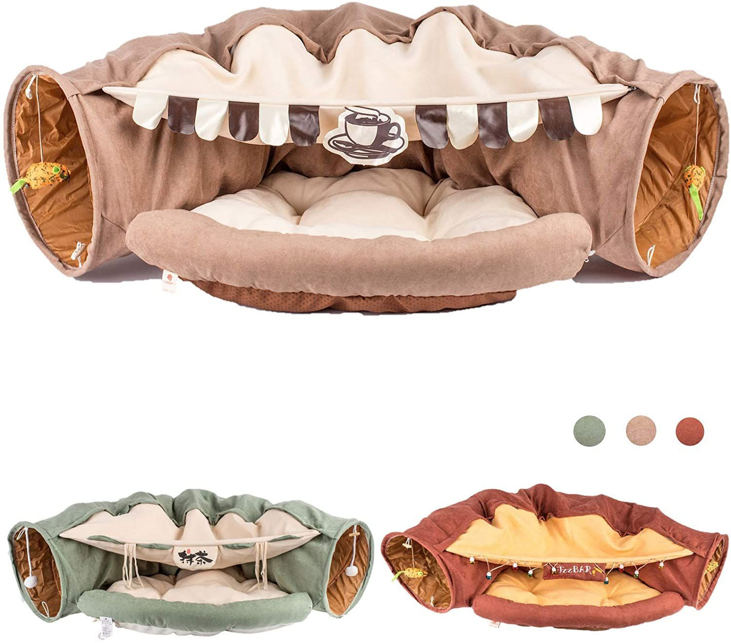 Cat Tunnel Toy Bed with Cushion Mat with Pop up Collapsible 2 Way Tube and Scratching Ball Interactive Toy Peak Hole Hideout House for Cat Puppy Kitten