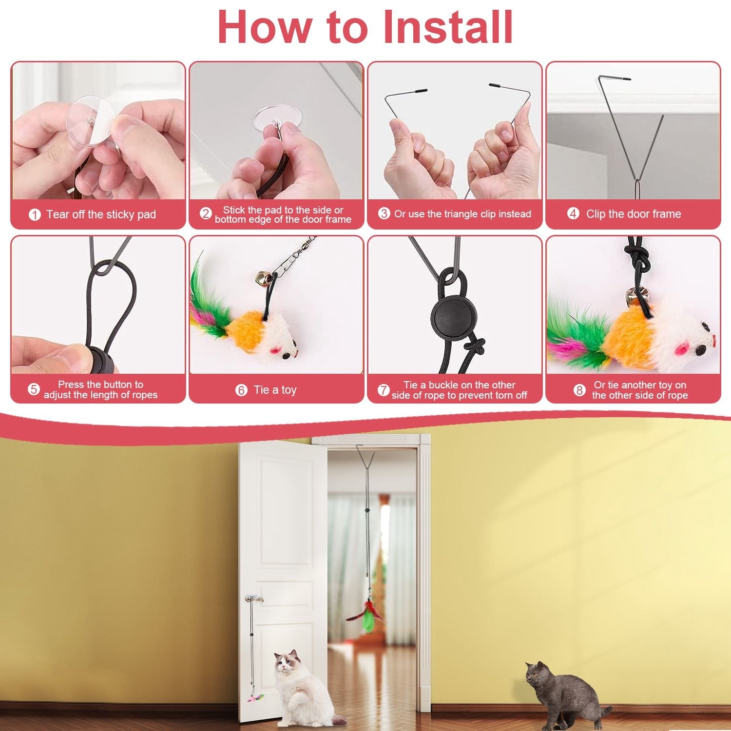 2 Cat Wand Toys with Suction Cup Double Head Interactive Cat Feather Toy 9Pcs Teaser Replacements with Bell Cats Self Playing Hanging Indoor Cat Toy