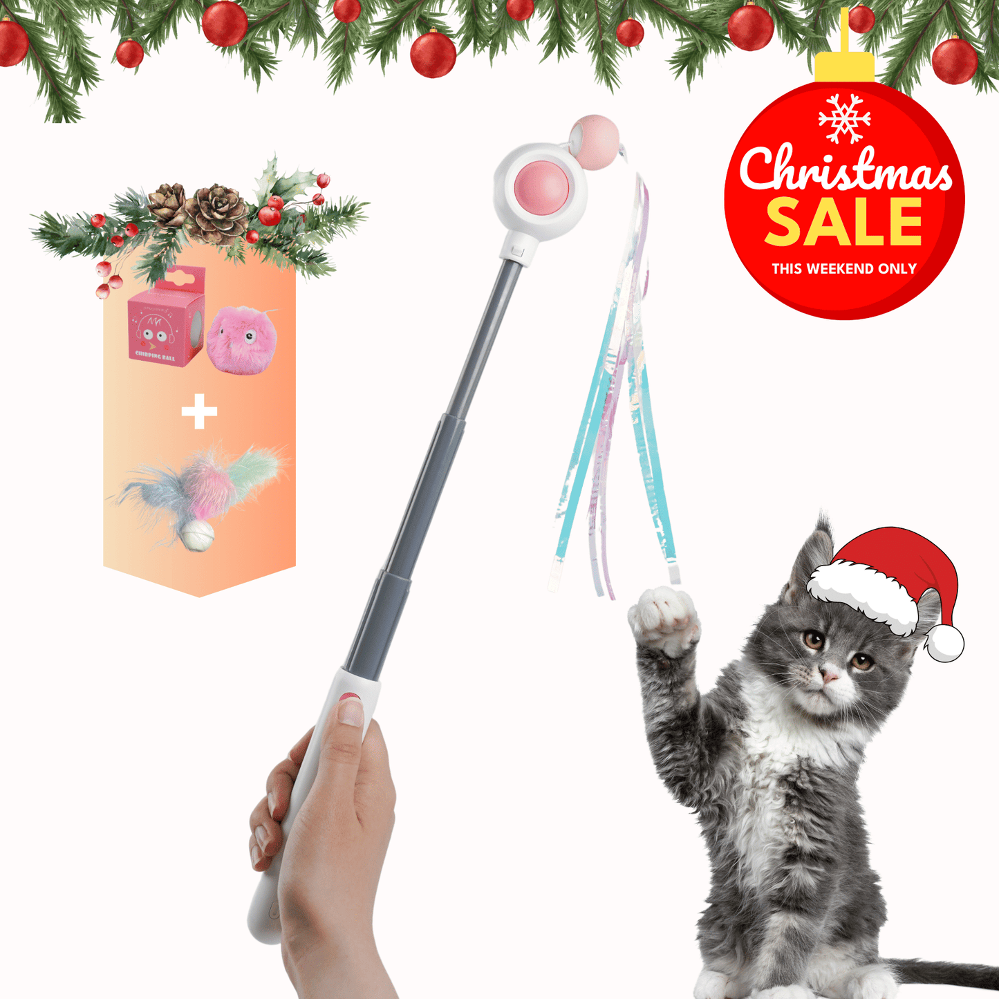 Cat Toy Two Product Sets, Including Retractable Laser Cat Toy Stick + Intelligent Bird Call Cat Toy Interactive Ball, Pet Fun Products, Pet Interactive Toy,Cat Teasing Laser Pointer Christmas Gift