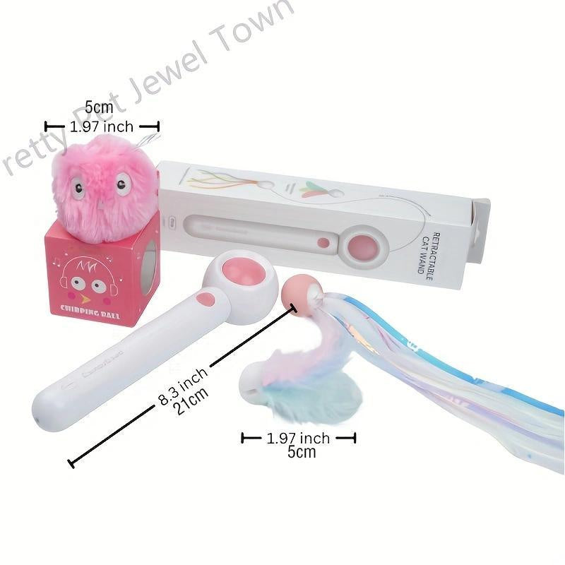 Cat Toy Two Product Sets, Including Retractable Laser Cat Toy Stick + Intelligent Bird Call Cat Toy Interactive Ball, Pet Fun Products, Pet Interactive Toy,Cat Teasing Laser Pointer Christmas Gift